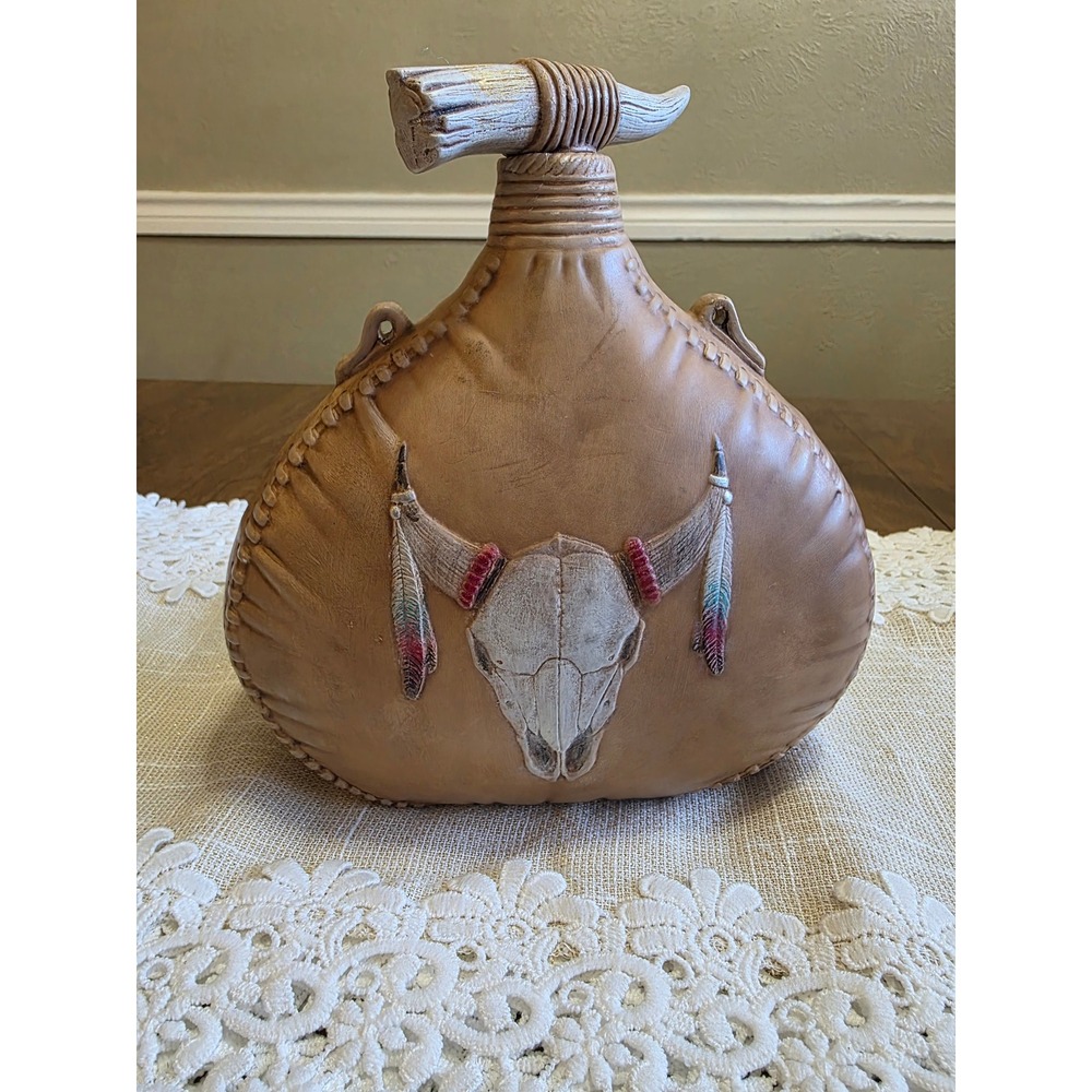 Vintage 1992 Signed Native American Style Resin Canteen Buffalo Skull Decor 8.5"